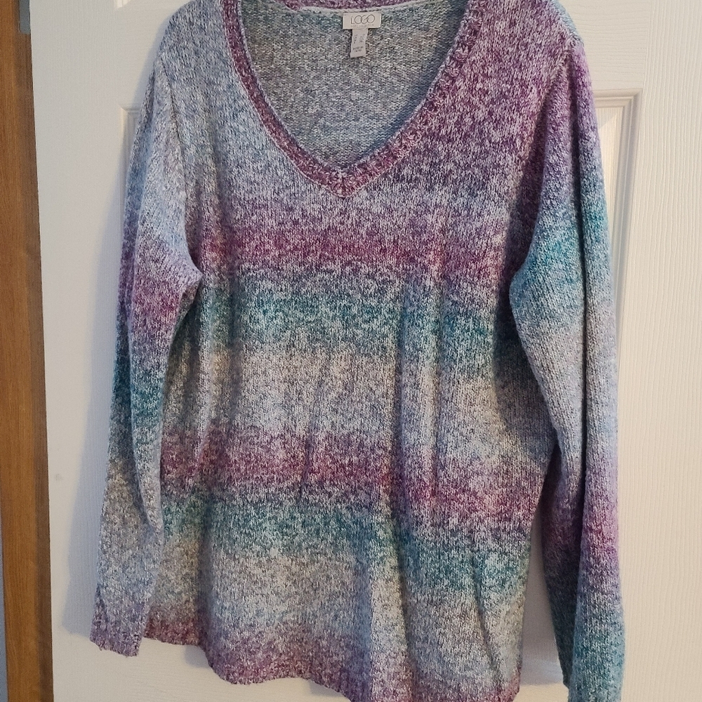LOGO Lori Goldstein 1X V-Neck Ombre Stripe Sweater Deep Lagoon Green Gray
